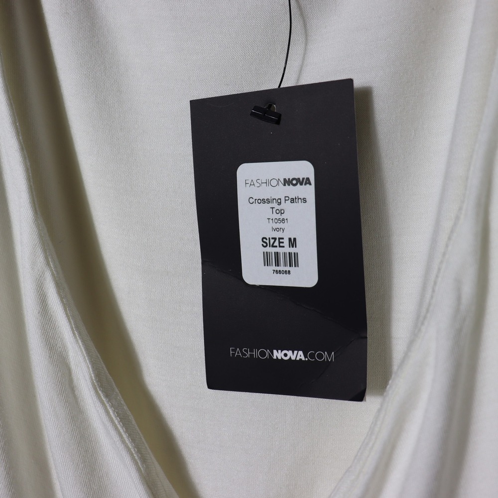 Fashion Nova Crossing Paths Top Ivory Wrap Tie Front Long Sleeve V-Neck T10561 - Picture 2 of 4